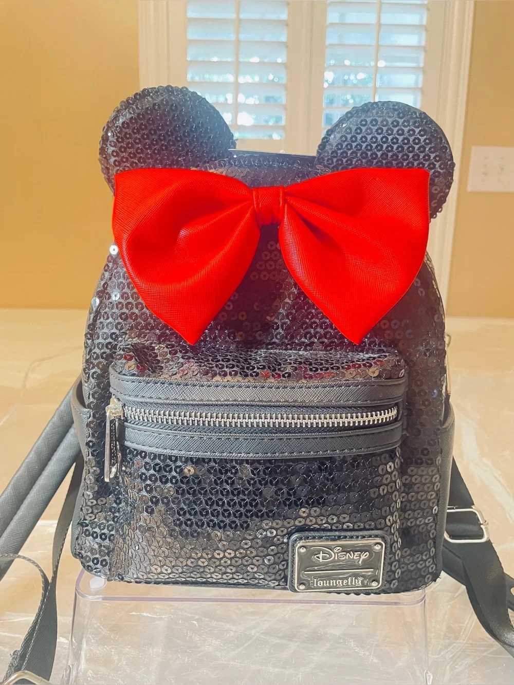 Loungefly Black Sequined Minnie Mouse Mini Backpack with Red Bow and Mouse Ears